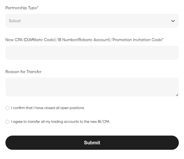 Vantage transfer IB/CPA form, empty