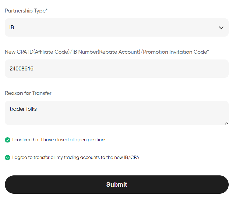 Vantage transfer IB/CPA form filled in with TraderFolks IB number 24008616